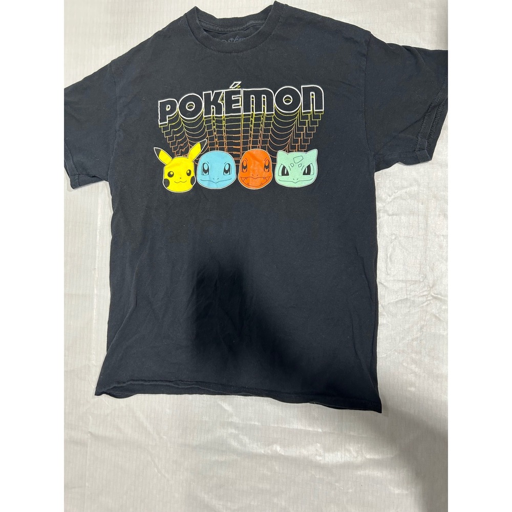Pokemon Pikachu Bulbasaur Charmander Squirtle Graphic T-Shirt Black Mens Medium
